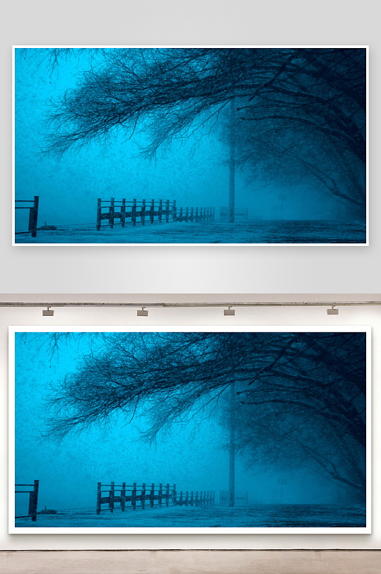 雪夜雾中枯树与栅栏-众图网