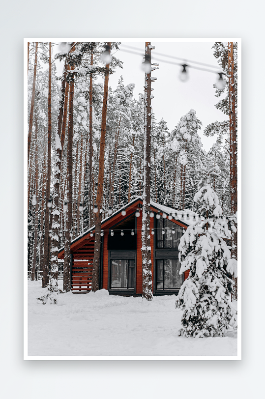 雪林中的红色木屋-众图网