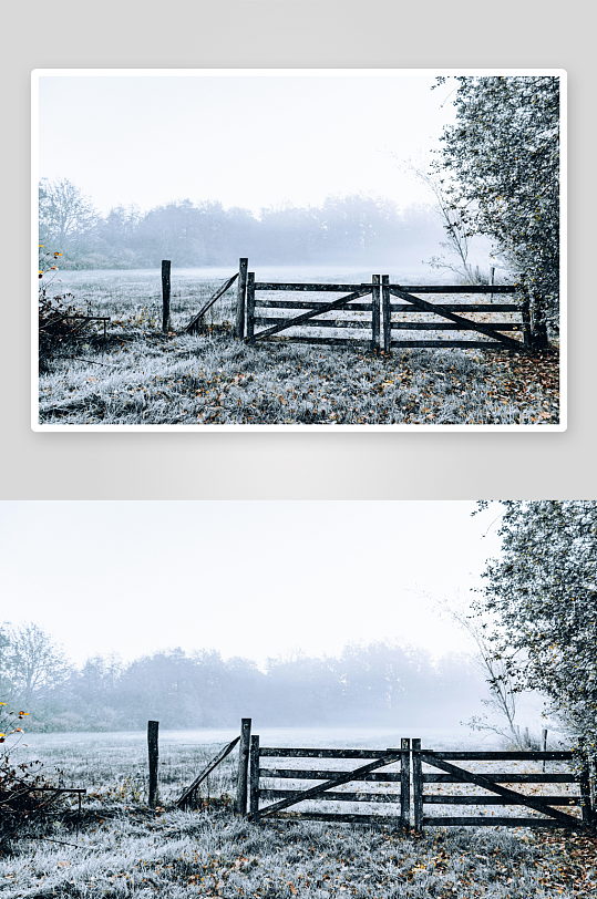 霜冻田野木栅栏晨雾-众图网