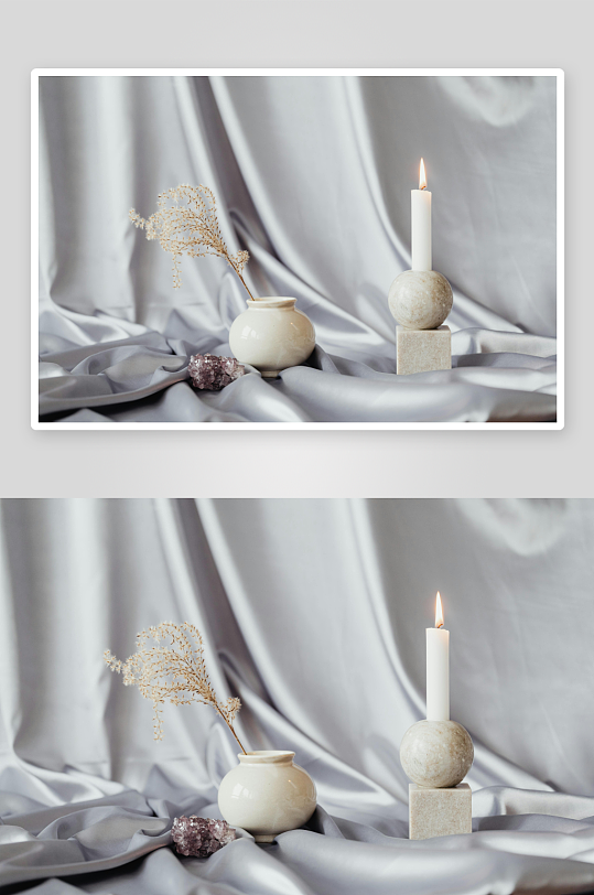 静物摄影白色蜡烛与干花-众图网