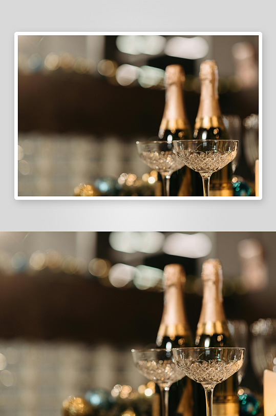 香槟酒瓶与水晶杯静物-众图网