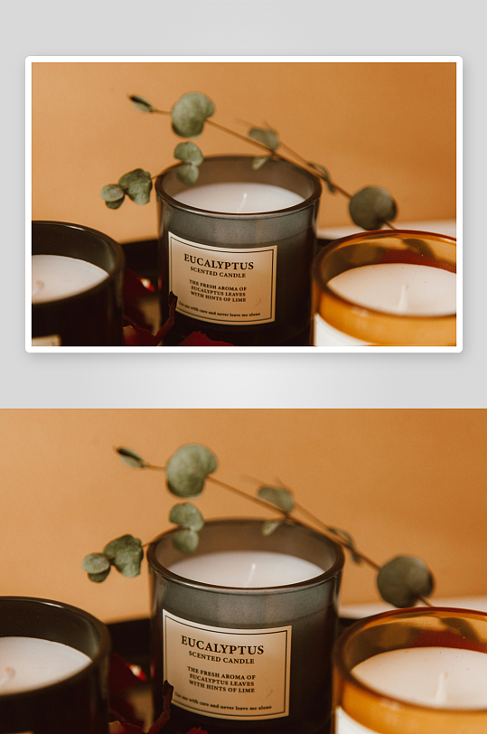 香薰蜡烛与尤加利叶静物-众图网