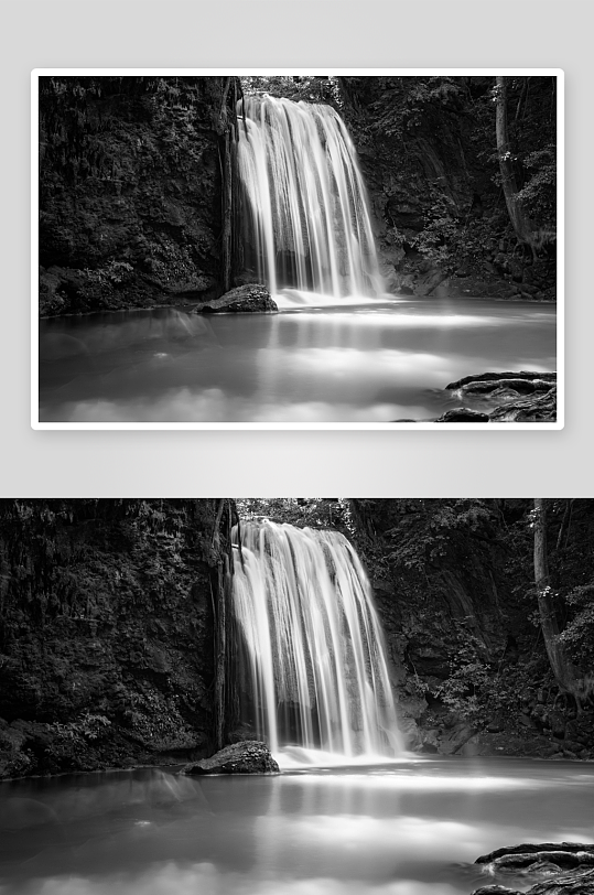 黑白瀑布林间流淌自然静谧-众图网