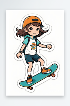 AI艺术阳光健康酷女孩滑板街运动贴纸图标
