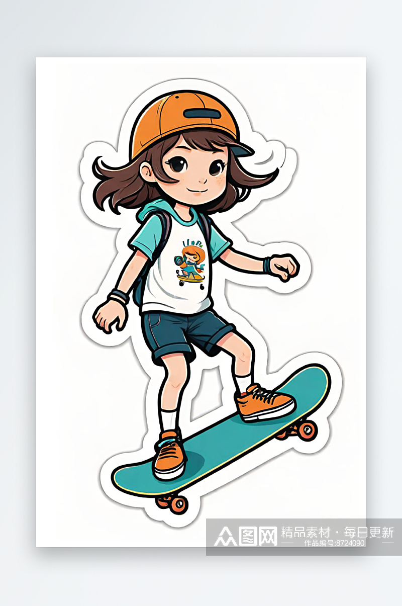 AI艺术阳光健康酷女孩滑板街运动贴纸图标素材