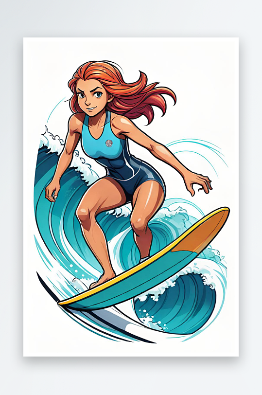 AI艺术健康女孩休闲度假海上冲浪美式漫画