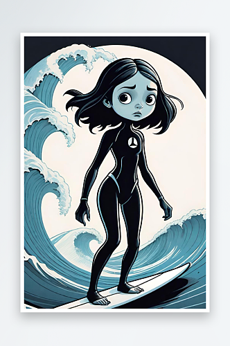 AI艺术女孩海上冲浪第五人格暗黑风格插画