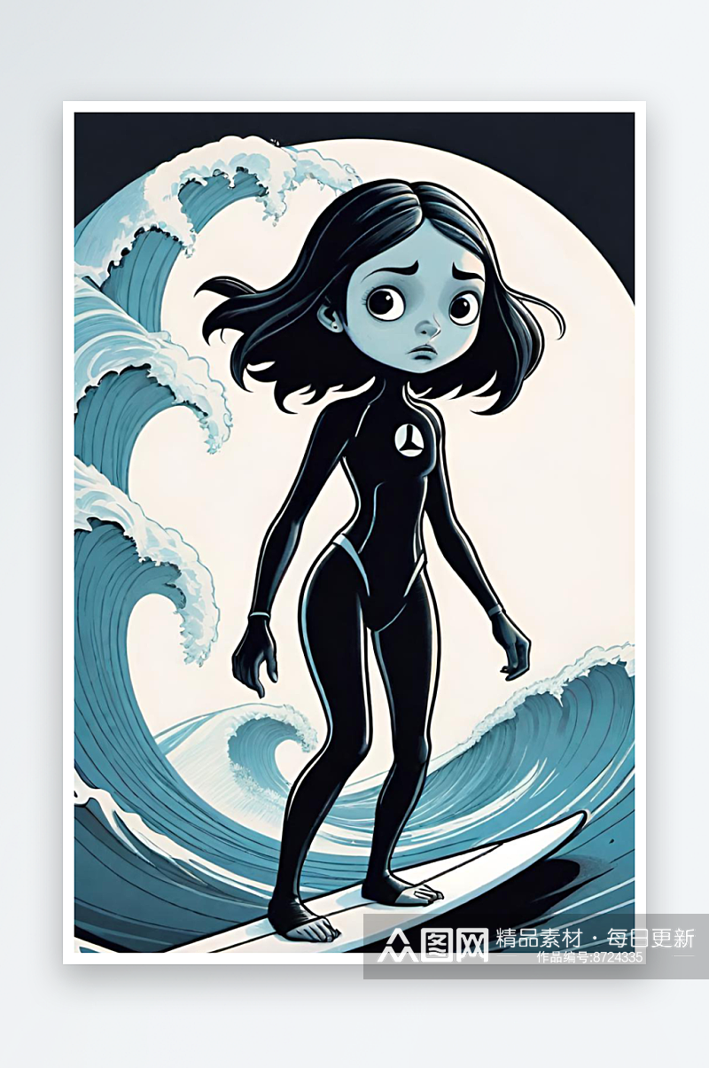 AI艺术女孩海上冲浪第五人格暗黑风格插画素材