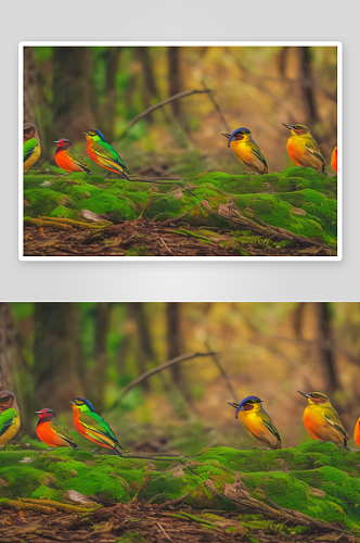 斑斓色彩的鸟儿在森林中欢快飞舞