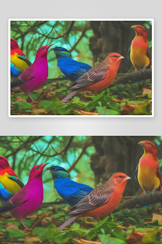 斑斓色彩的鸟儿在森林中欢快飞舞