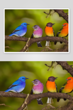 森林里鸟群的色彩绚丽多彩