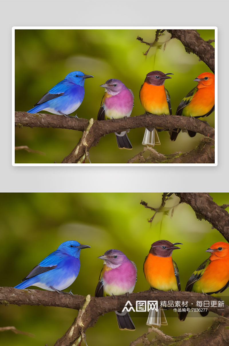 森林里鸟群的色彩绚丽多彩素材