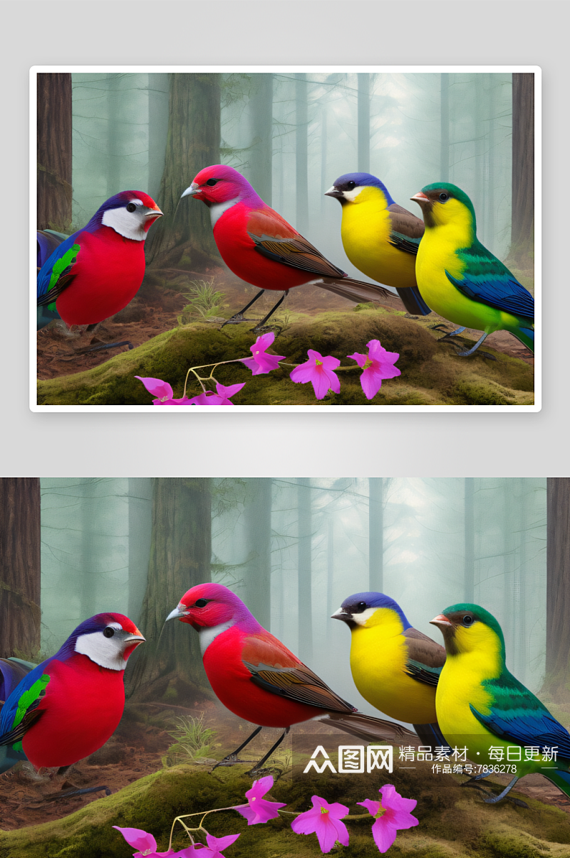 森林里鸟群的色彩绚丽多彩素材