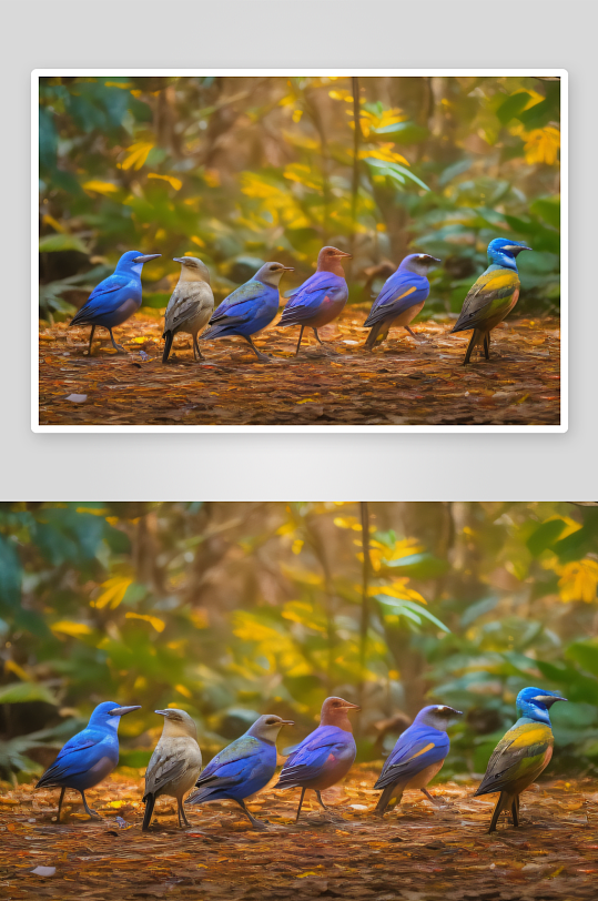 森林中群鸟的色彩斑斓绚丽多彩