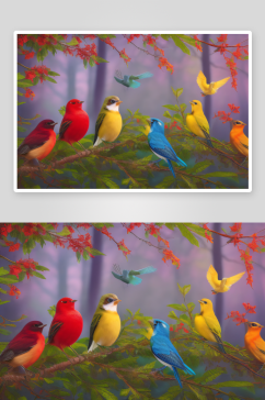 森林中群鸟的色彩斑斓绚丽多彩