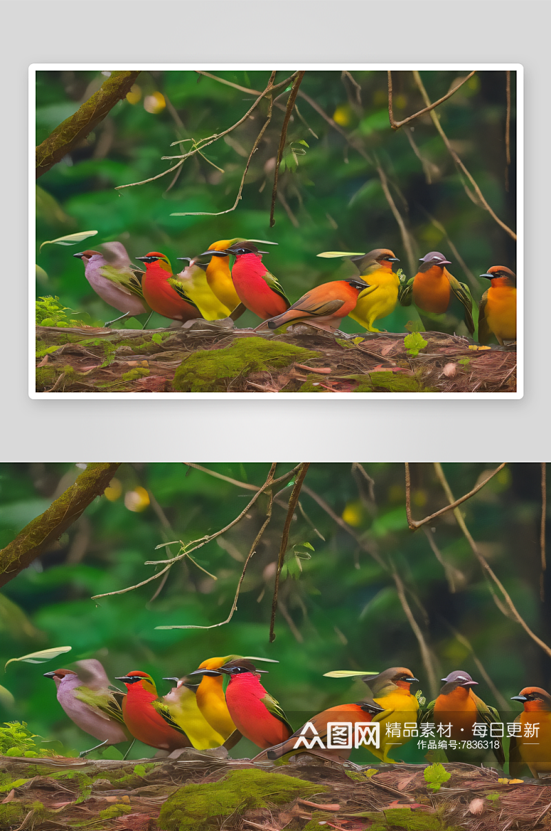 森林中群鸟的色彩斑斓绚丽多彩素材