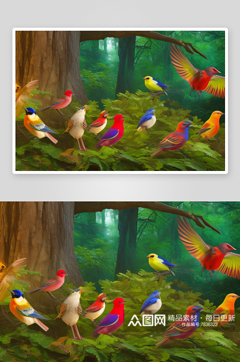森林中群鸟的色彩斑斓绚丽多彩素材