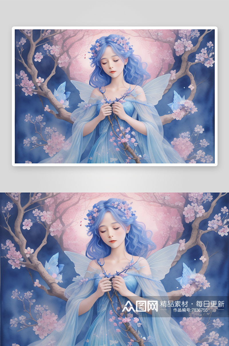 美丽的蓝色仙女手持树枝翩翩起舞素材