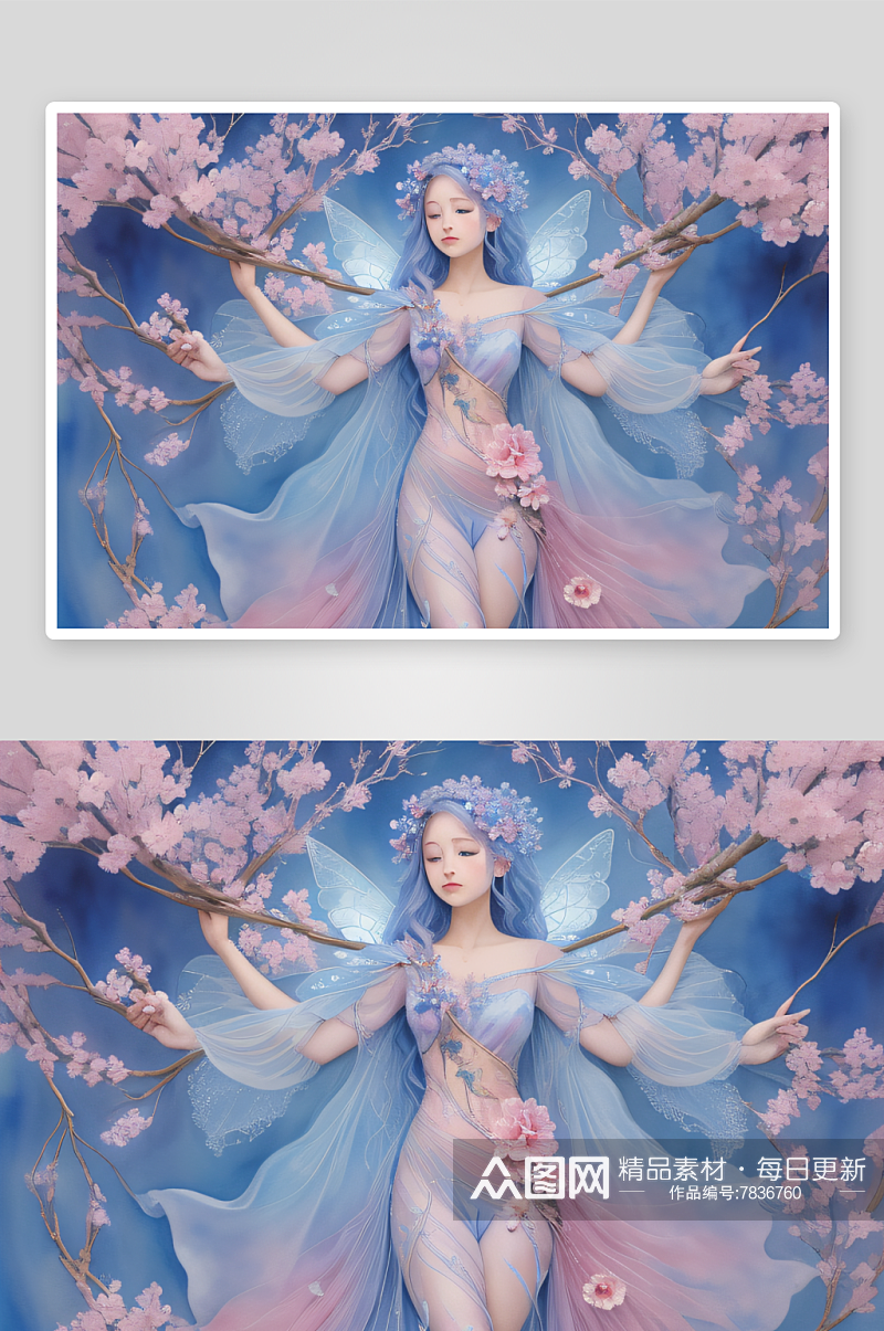 美丽的蓝色仙女手持树枝翩翩起舞素材