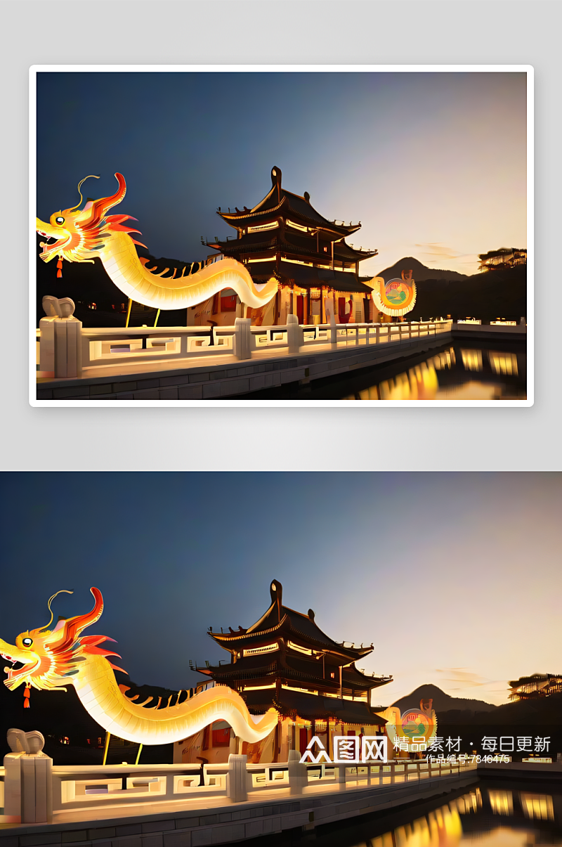 金色光辉下的中国龙与鱼灯游行素材