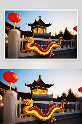 金色光辉下的中国龙与鱼灯游行