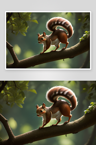 可爱松鼠在树枝上奔跑