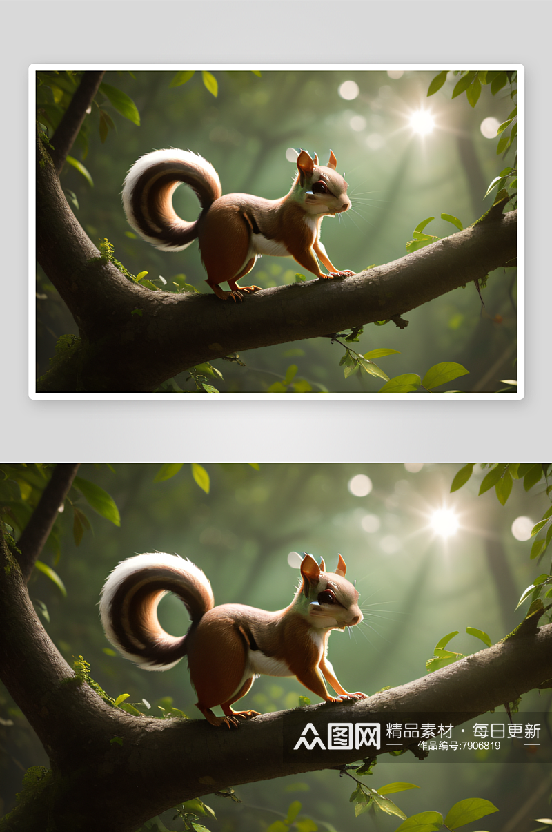 可爱松鼠在树枝上奔跑素材