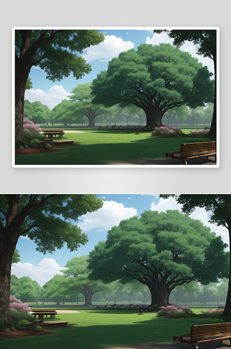 公园景色两棵橡树与长椅