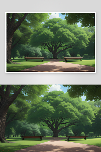 公园景色两棵橡树与长椅