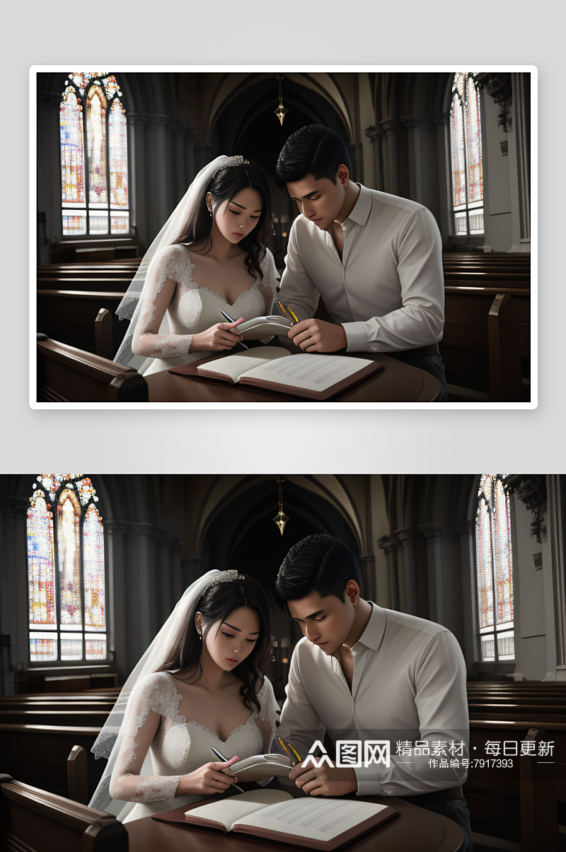 神圣的婚礼瞬间夫妻俩在教堂记笔记素材