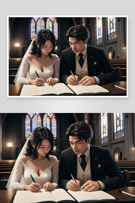 神圣的婚礼瞬间夫妻俩在教堂记笔记