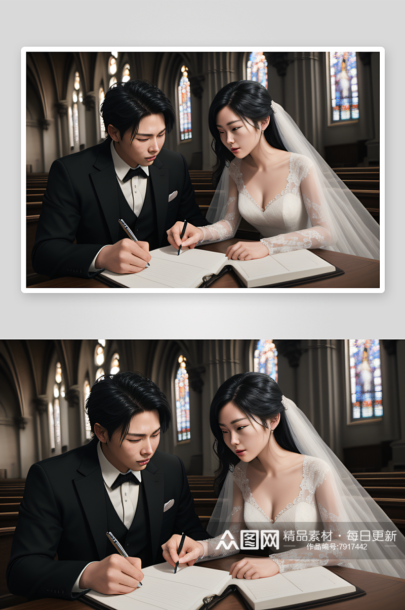 精致婚礼瞬间夫妻在教堂专注记笔记素材