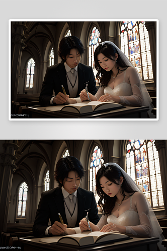 高级摄影夫妻在教堂笔记本上写字