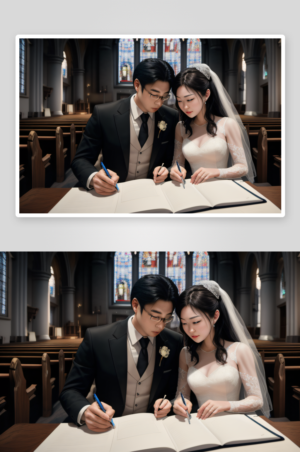 专业摄影夫妻俩在教堂认真记笔素材