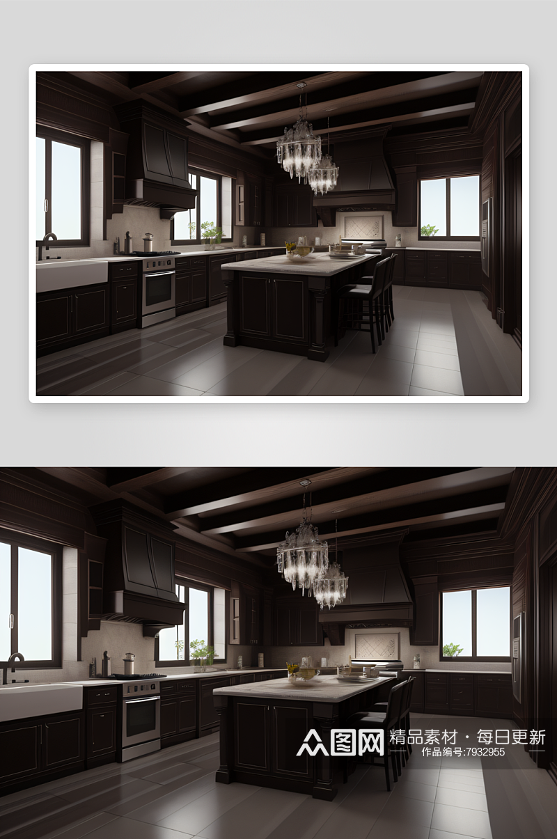 天花板大窗打造明亮而宽敞的别墅厨房素材