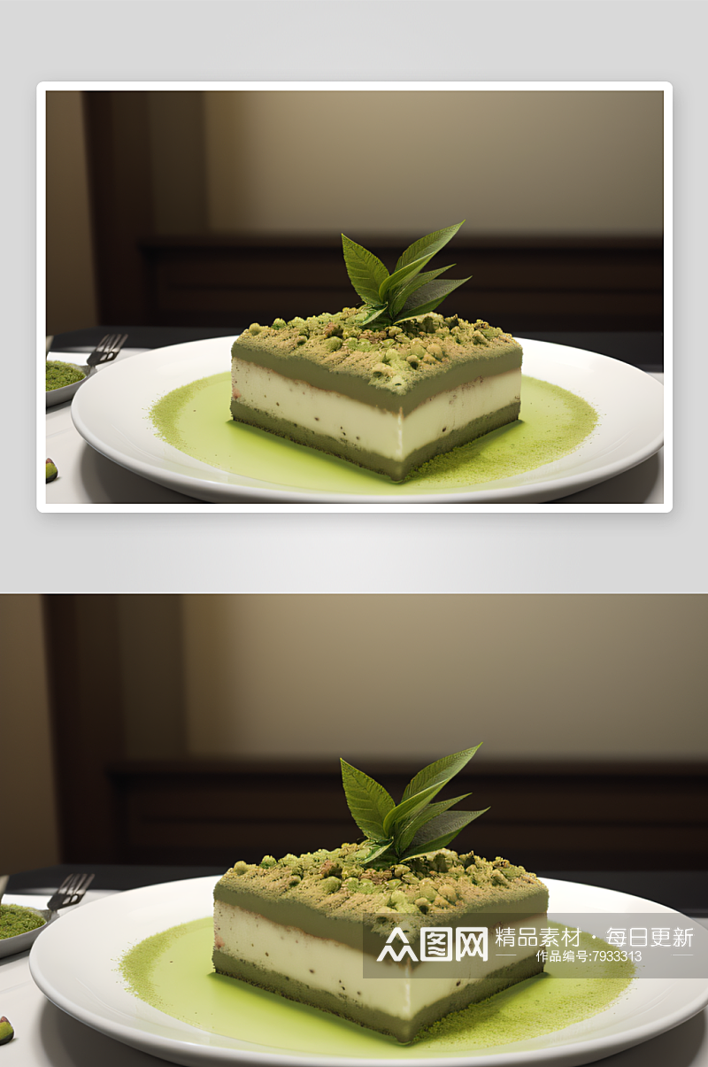 抹茶绿茶提拉米苏独特摆盘的三星米其林风味素材