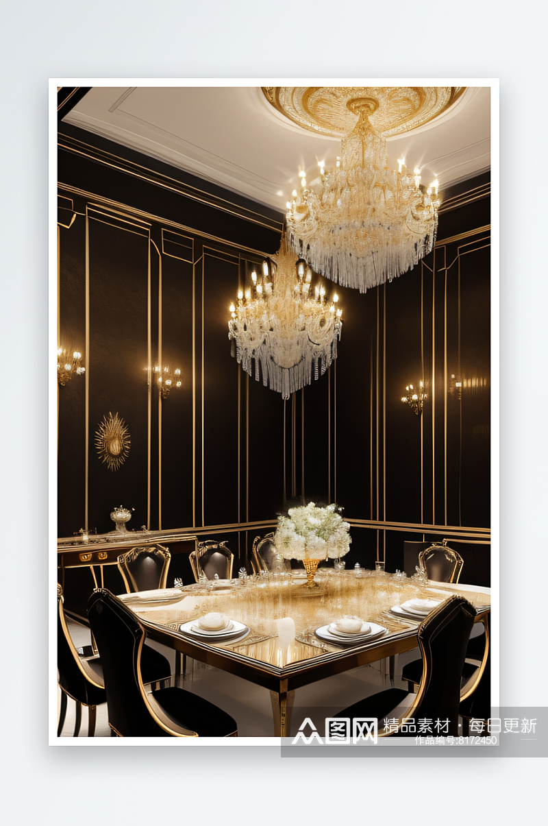 黑金华彩艺术灯饰点缀的餐厅素材
