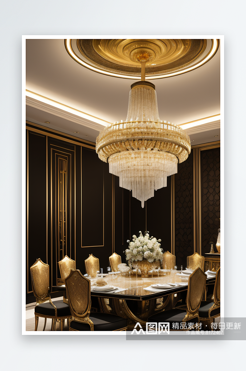 黑金华彩艺术灯饰点缀的餐厅素材