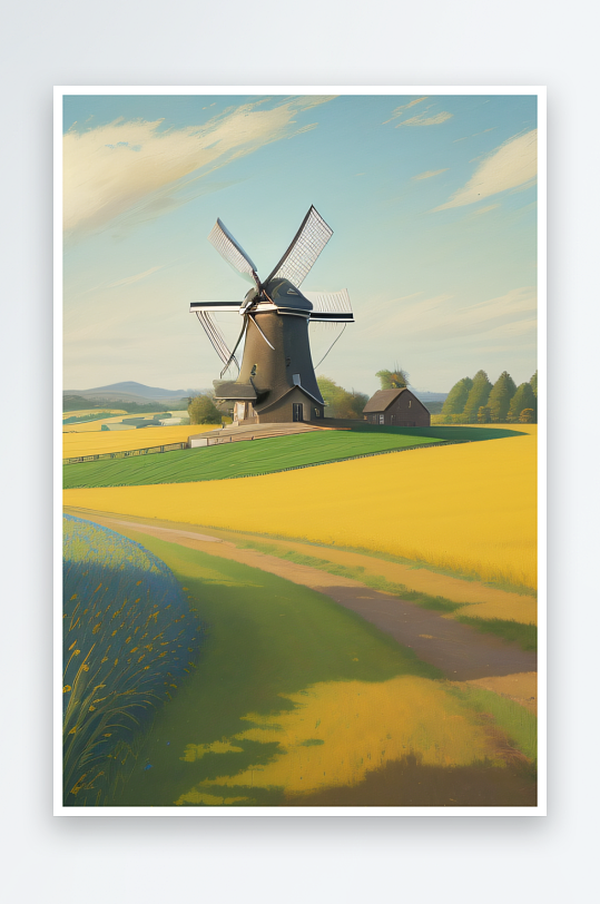 农村之美印象主义风格的风车绘画