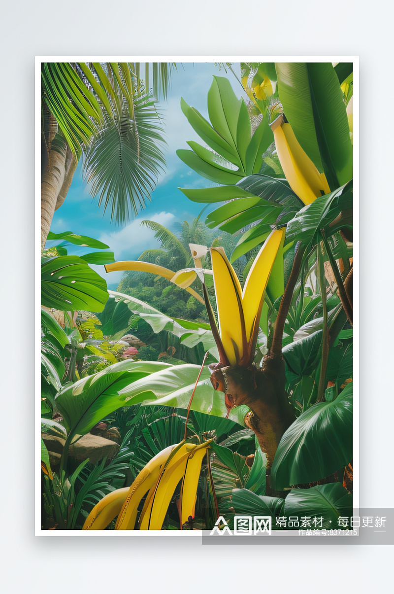 大自然的馈赠热带风景中的香蕉与岩石素材