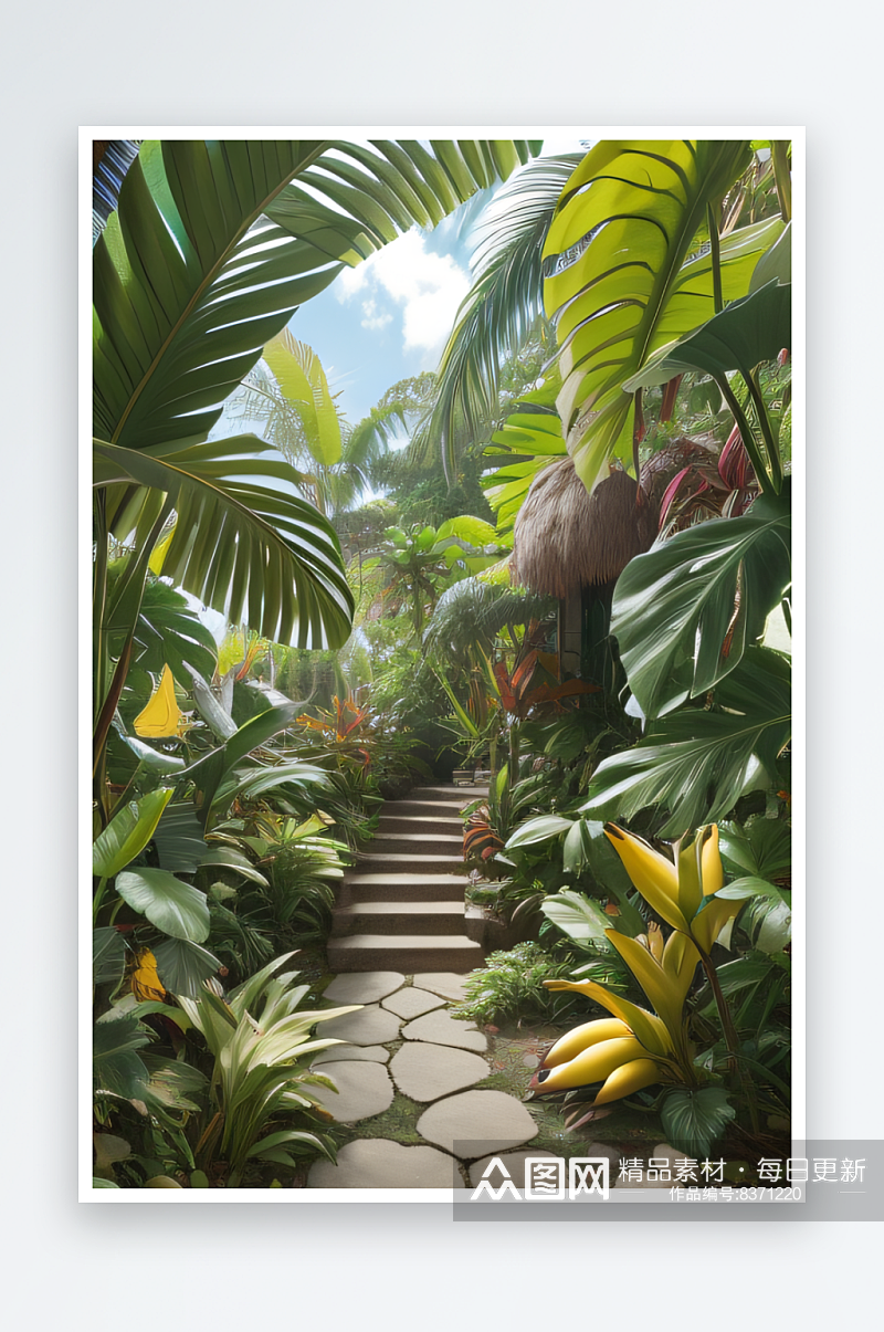 大自然的馈赠热带风景中的香蕉与岩石素材