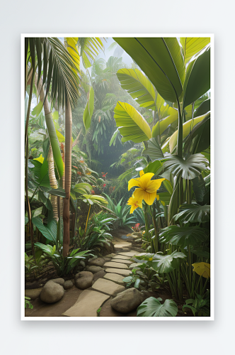 自然的奇迹热带风景中的香蕉树与岩石