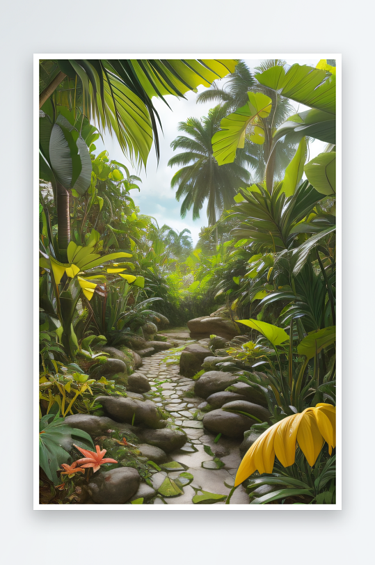 自然的奇迹热带风景中的香蕉树与岩石