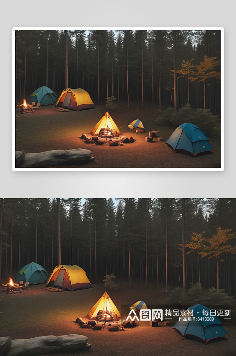 温馨露营森林背景下的火光与帐篷素材