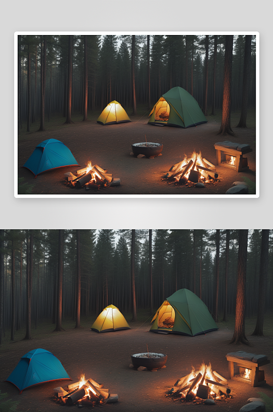 幸福露营篝火与帐篷的温暖之夜