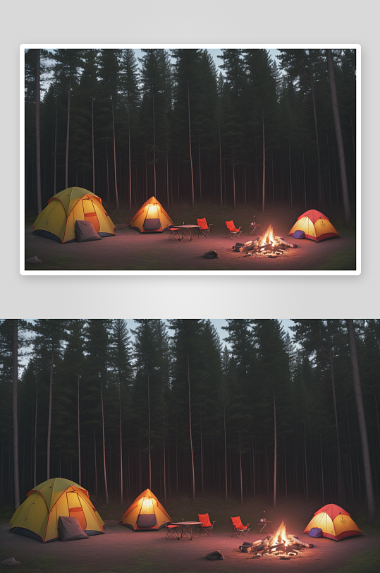 幸福露营篝火与帐篷的温暖之夜