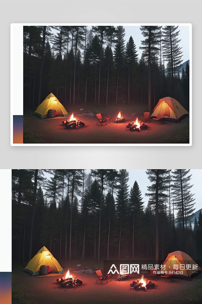 欢乐露营者温馨篝火与森林背景素材