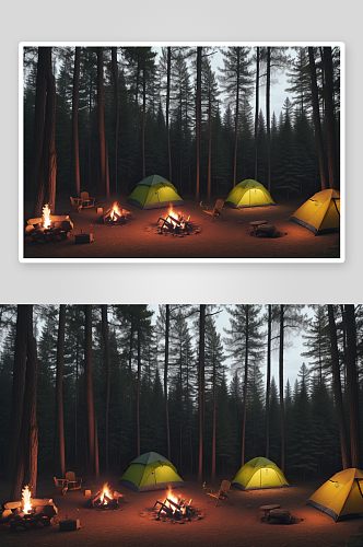 欢乐露营者温馨篝火与森林背景