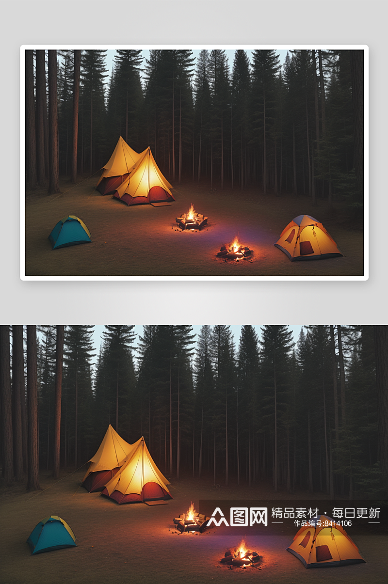 欢乐露营者温馨篝火与森林背景素材