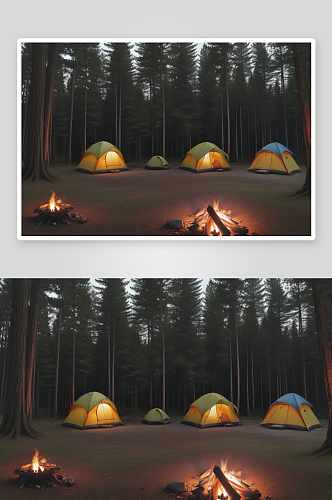 欢乐露营者温馨篝火与森林背景